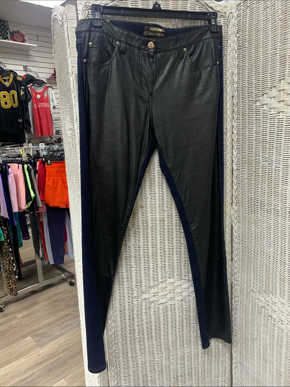 Roberto Cavalli Black Skinny Leather Jeans with denim Navy back Panel - Picture 1 of 8